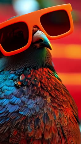 pigeons wearing bright orange sunglasses in colorful environment. two pigeons don vibrant orange sunglasses, showcasing a quirky and colorful aesthetic. vertical video