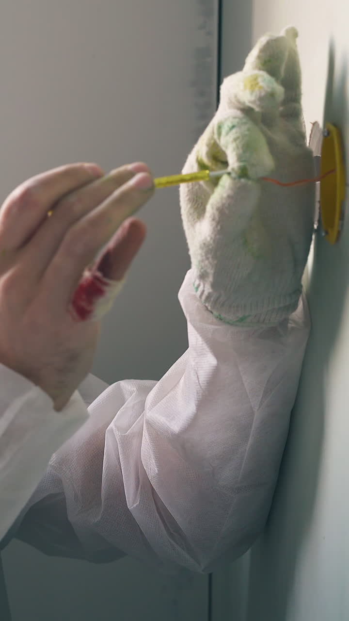 Dolly cam: bearded man in protective suit and goggles gets electric shock repairing plug with screwdriver in renewing room