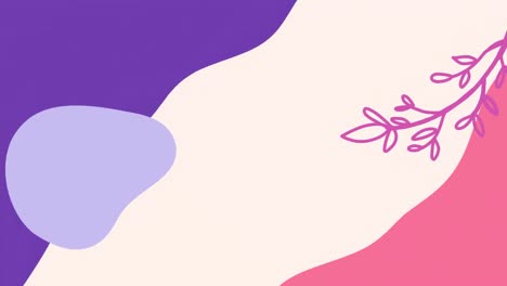 animation of pink and purple coloured splodge and leaves on white, pink and purple background