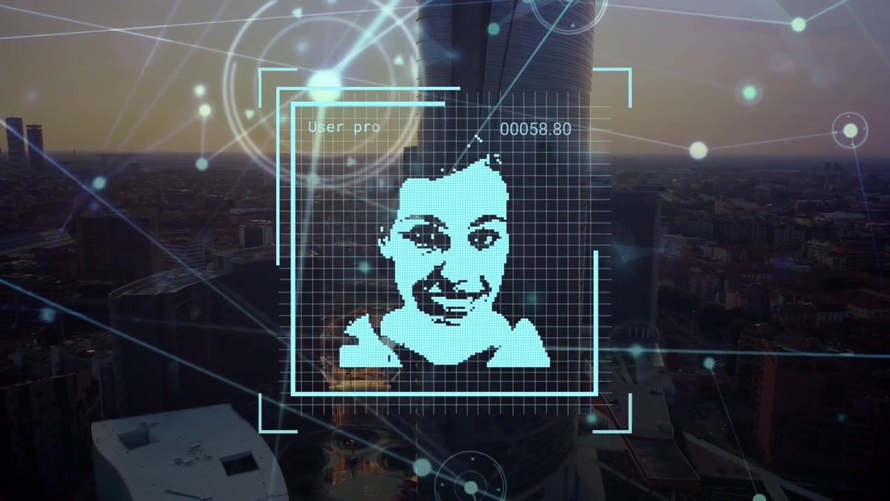 Animation of digital interface with network of connections over cityscape