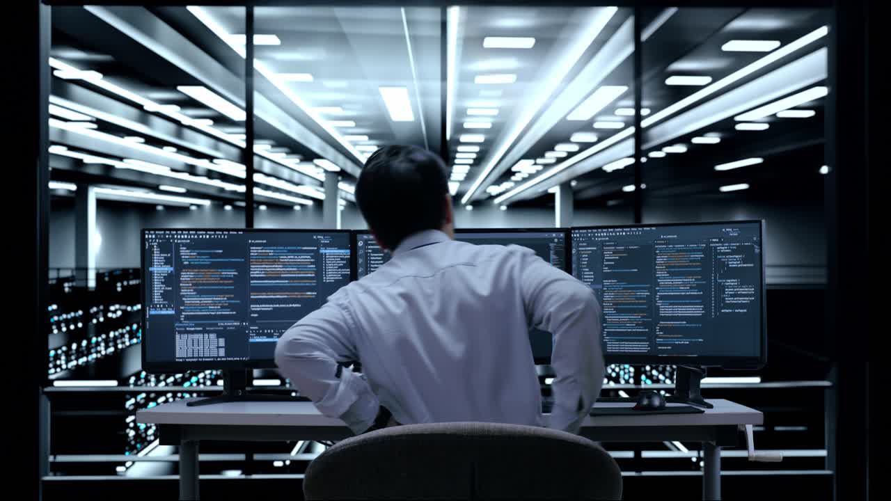 IT Technician Focused on Code in a Server Room