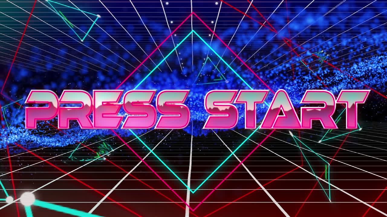 인쇄 시작 텍스트 배너와 네온 삼각형 모양의 애니메이션을 그리드 네트워크와 디지털 파도에서