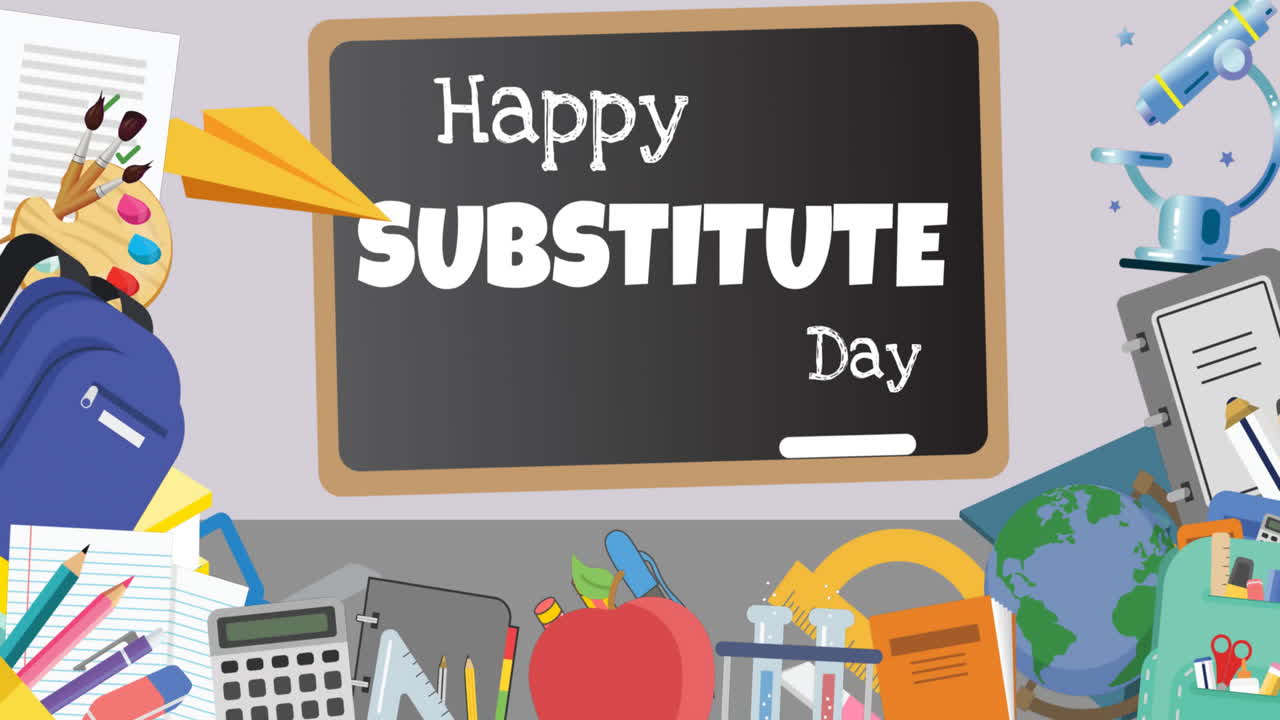 ⁇ 색 배경에 있는 학교 아이콘 위에 행복한 대리인 날 텍스트의 애니메이션