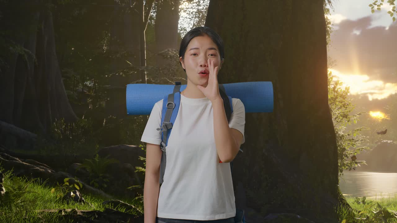 산악 등반 배 을 들고 있는 아시아 여성 하이커 가 숲 의 자연 을 탐험 하는 동안 입 근처 에 손 을 잡고 비명을 지르고 있다