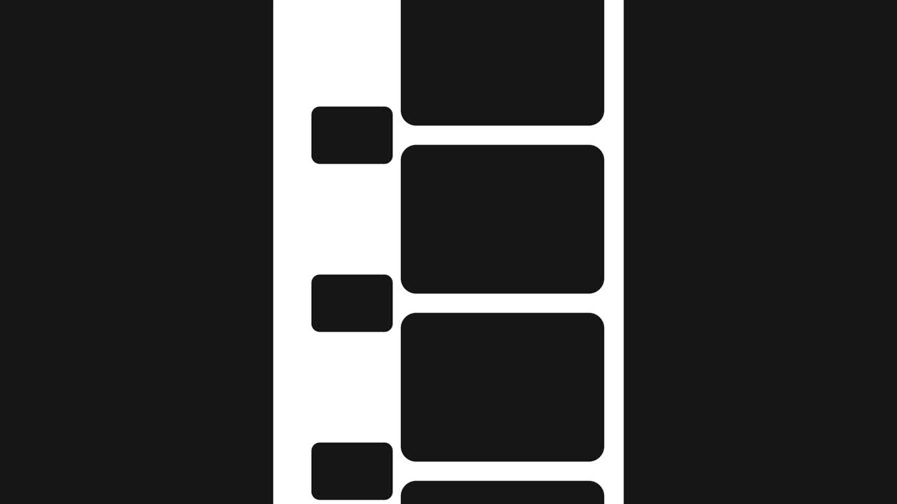 8mmフィルムストリップ - 白い背景で動くブラックスクリーンでシームレスループ可能なビデオ映像 - 抽象的なフィルムストラップデザインテンプレート