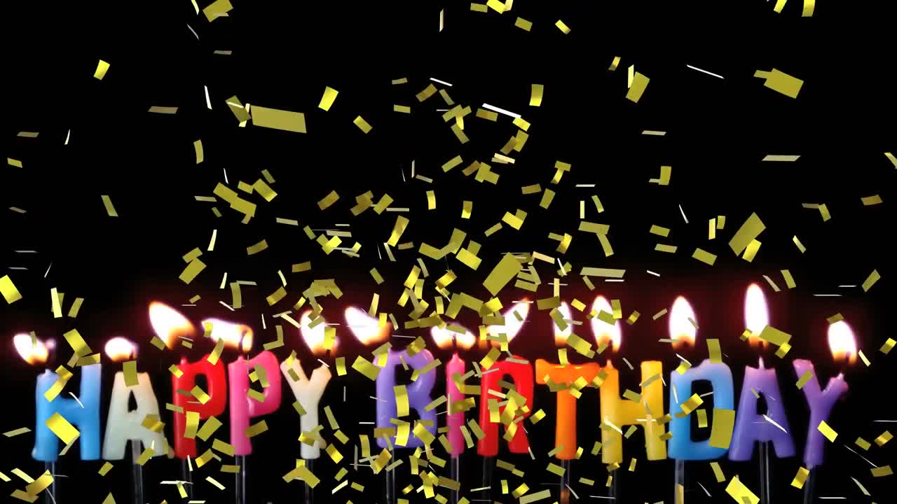animación de confeti de oro cayendo sobre velas encendidas escribiendo feliz cumpleaños, soplado, en negro