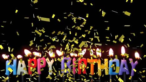 animation of gold confetti falling over lit candles spelling happy birthday, blown out, on black