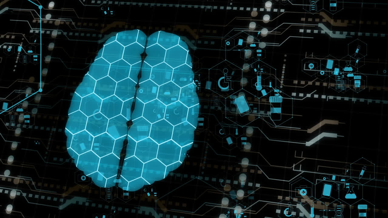 Animation of medical icons and brain on black background