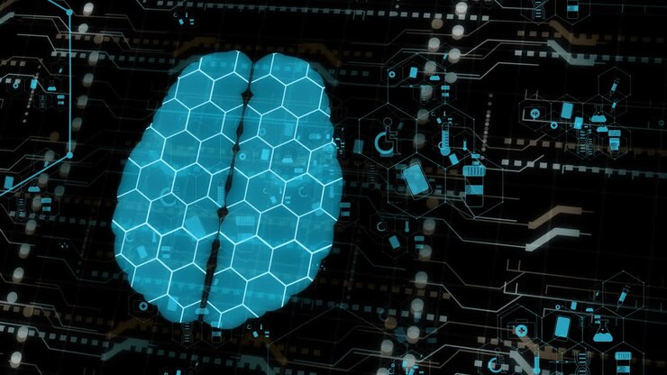 Animation of medical icons and brain on black background