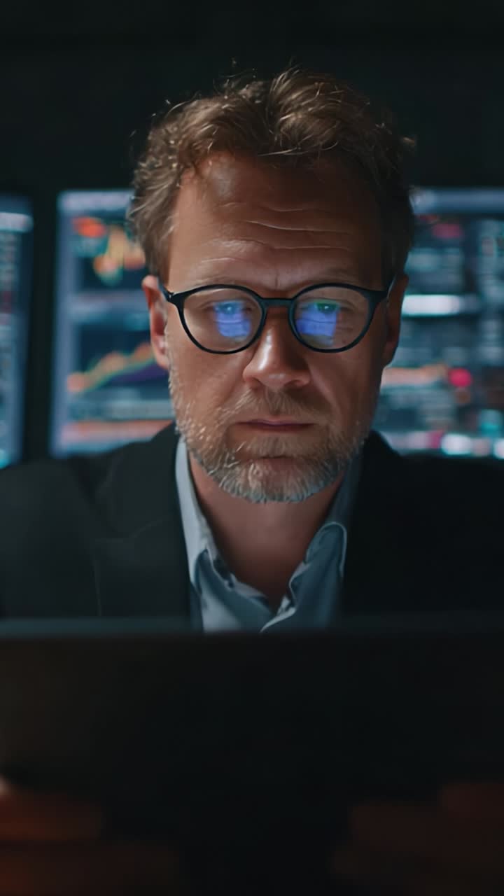 Focused Financial Analyst Deep in Concentration While Analyzing Data Trends on Multiple Digital Screens in a Dark Environment