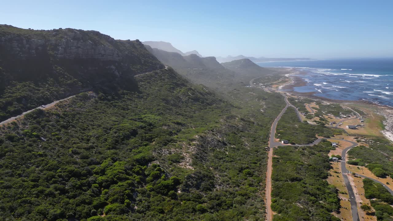 Soetwater Resort, Witsands, Cape Town, South Africa - Drone flying across coastal road.