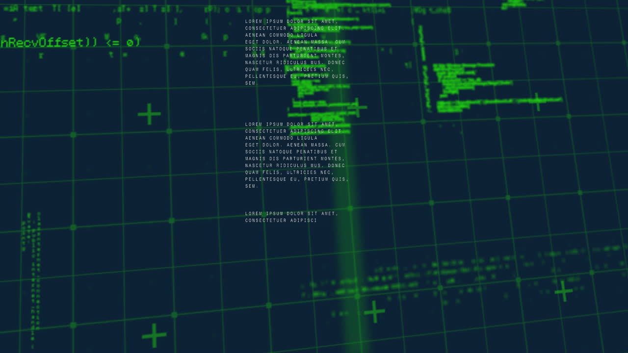 Animation of red spots moving across interface with green grid and data processing
