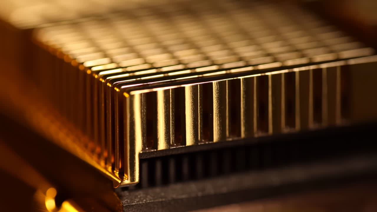 Primo piano di dissipatore di calore dorato su componente elettronico