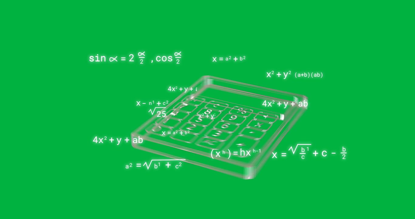 Animation of digital calculator over mathematical equations on transparent background