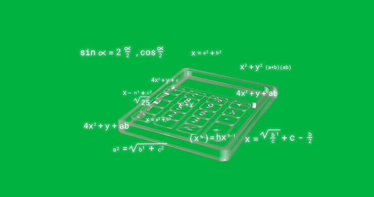 Animation of digital calculator over mathematical equations on transparent background