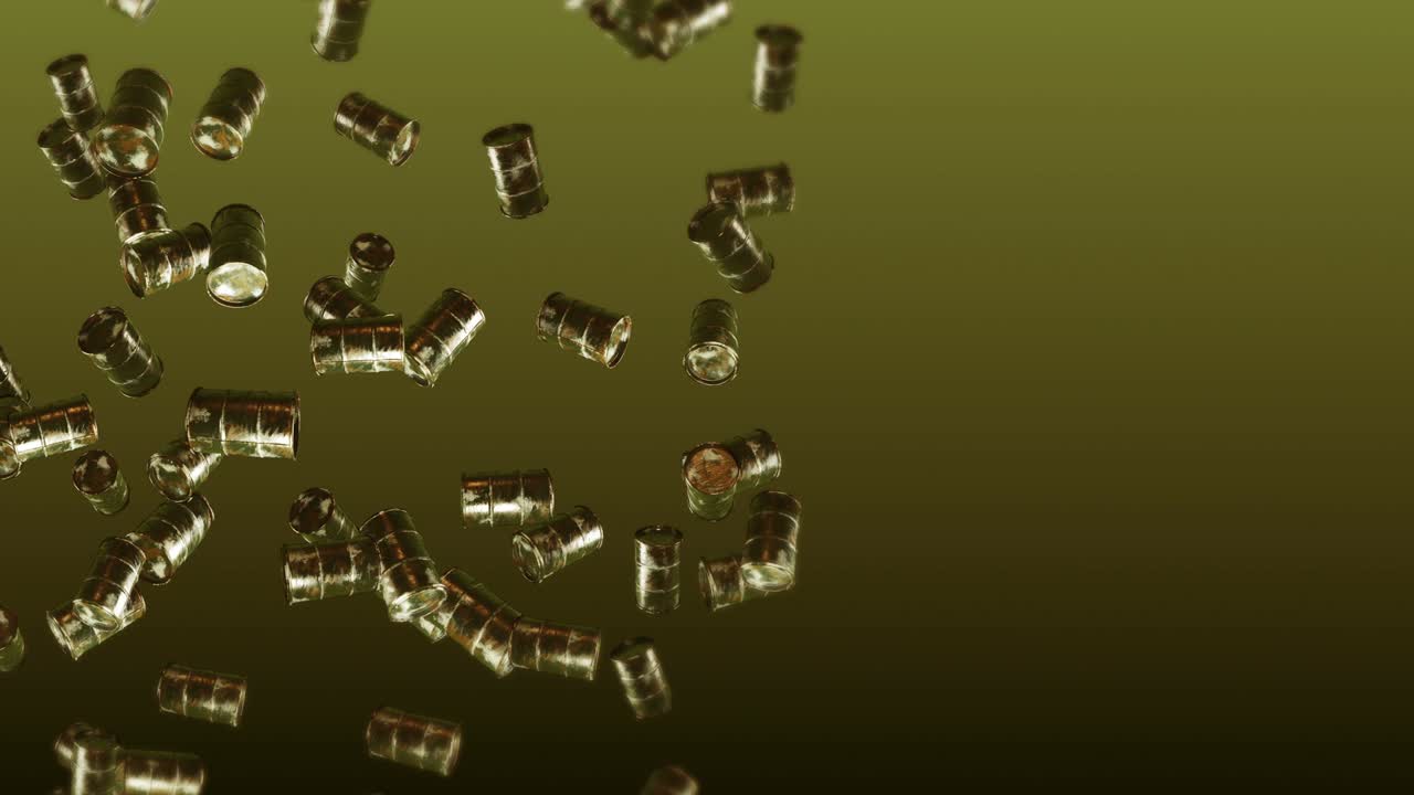 volando muchos tambores de combustible viejos en fondo marrón. industria química, barriles de metal. animación 3d del tanque de petróleo girando. animación de bucle.