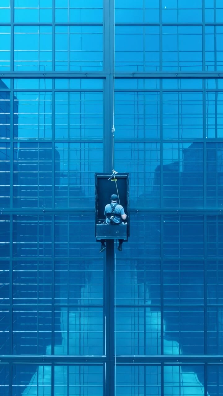 Window Cleaner Suspended on Scaffolding Cleaning Modern Blue Glass Skyscraper