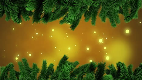 animation of fir tree branches with glowing lights on yellow background