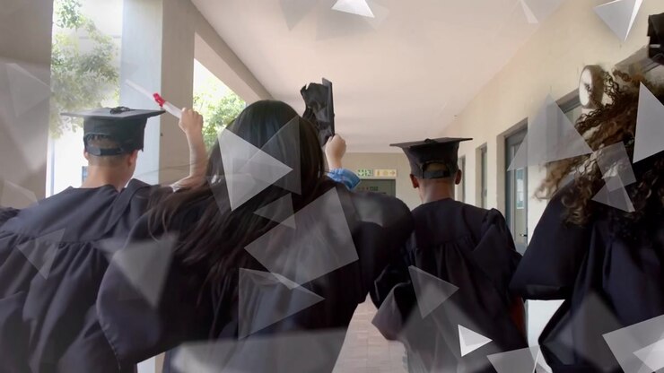 Grads raising caps starting pullback walking path with diploma marking graduation under tri overlay