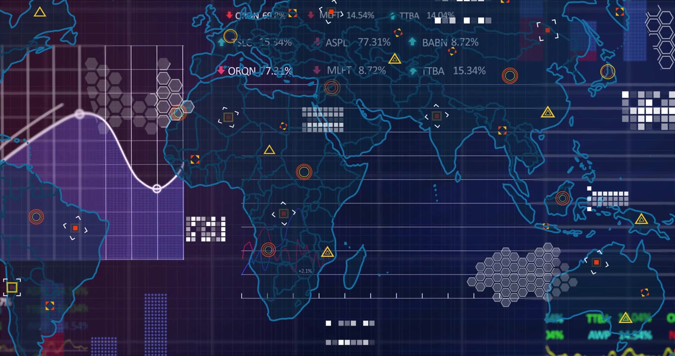 Animation of financial data processing and world map on black background