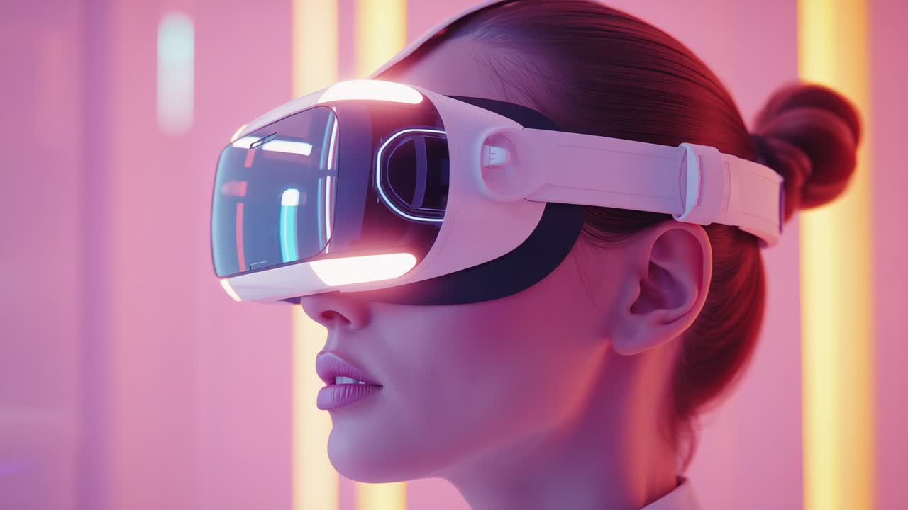 After simulation start, woman wearing VR headset exploring virtual scene with neon glow, copy space