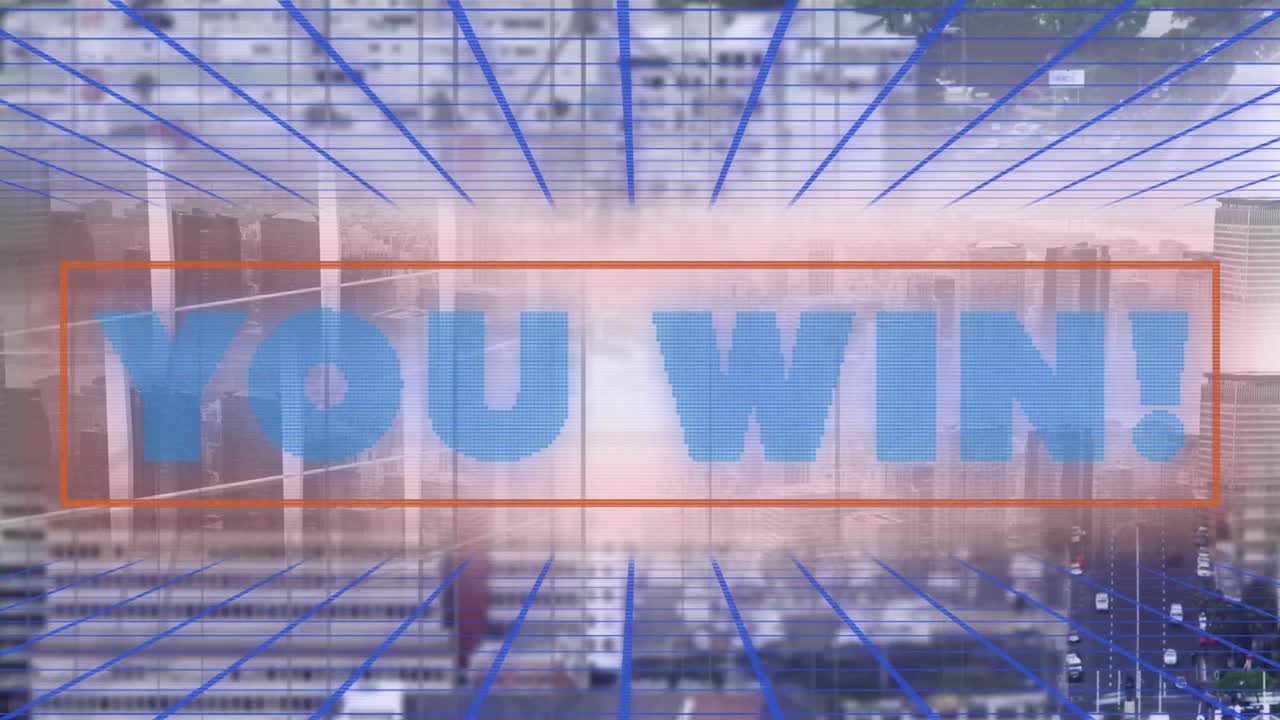 도시 풍경의 공중 전망에 대한 그리드 네트워크를 통해 텍스트 배너를 이기는 디지털 애니메이션