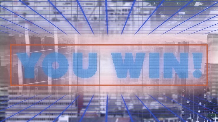 Digital animation of you win text banner over grid network against aerial view of cityscape