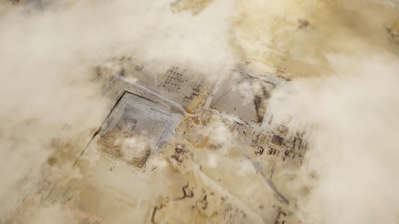 Aerial Shot Of Egyptian Pyramids In Giza Under Moving Clouds. Giza Pyramids Under Clouds