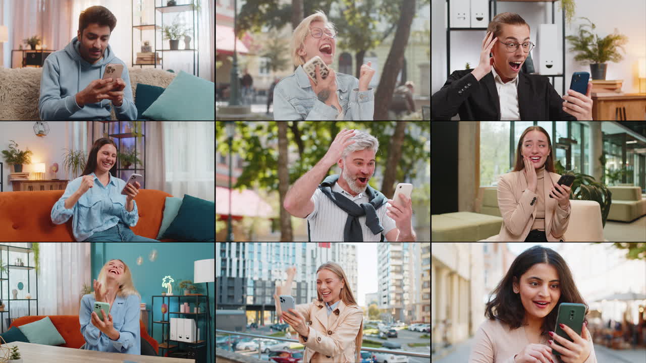 흥분한 행복한 사람들의 콜라지 남자 여자 스마트폰 사용 승리를 축하 승리 좋은 소식 게임