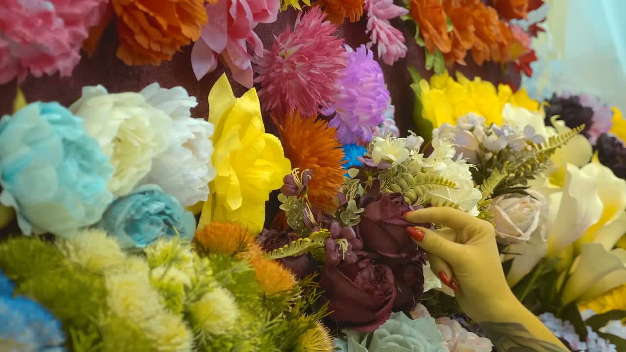 전시회에서 무덤을 장식하기 위해 인공 꽃의 고급스러운 꽃줄