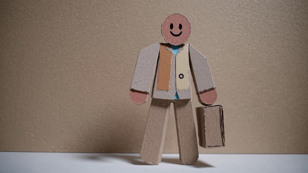 Cardboard businessman, carrying a briefcase, embarking on a business trip, radiating optimism and excitement about upcoming deals and opportunities in the corporate world