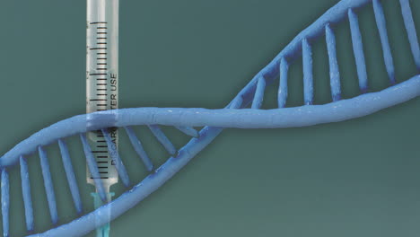 animation of dna strand over syringe on blue background