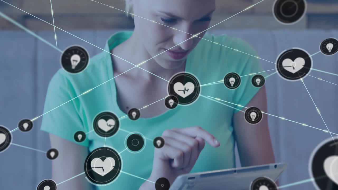 animación de la red de conexiones con iconos de corazón sobre mujer caucásica con tableta en el café