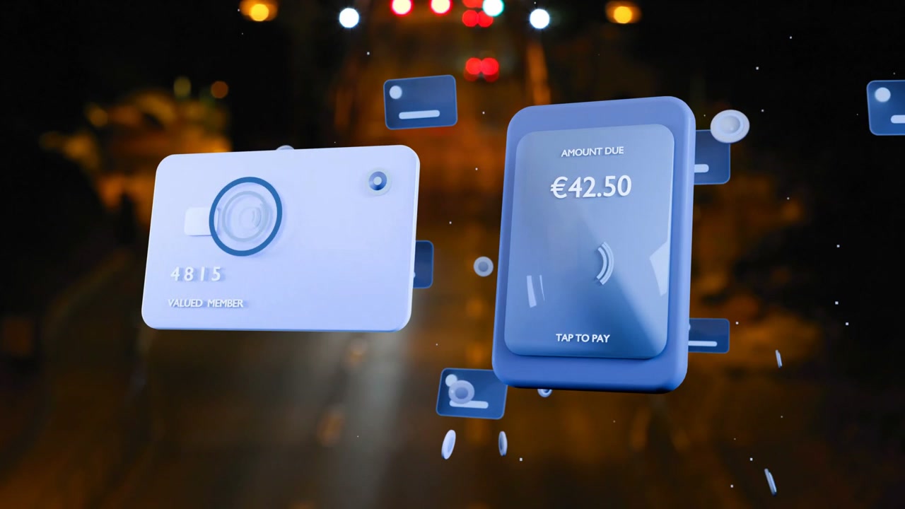 Bokeh lights starting, card, terminal rotating, revealing 4815, €42