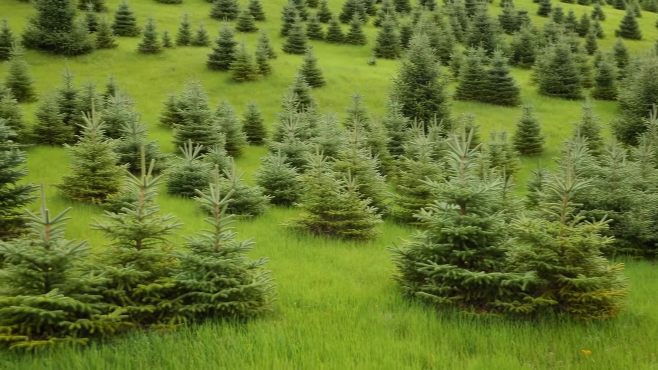 Young Fir Trees On Grassy Hillside, Dense Rows Of Evergreen Saplings Stretching Across Rolling Slope, Vibrant