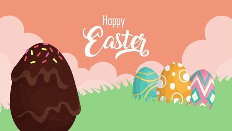 happy easter animated card with eggs painted in the field