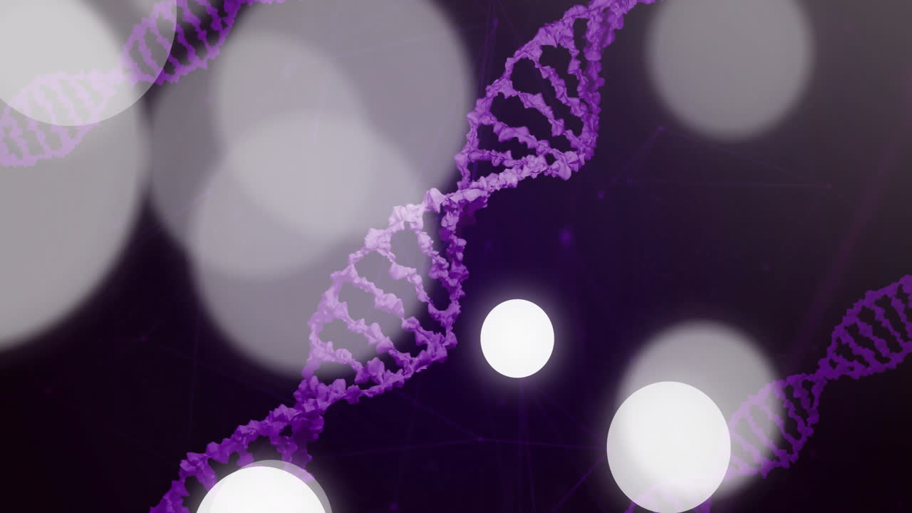 DNA strands and glowing circles, scientific animation over dark background