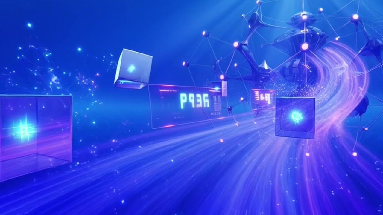 Flusso di Dati Digitali Astratto con Cubi Fluttuanti e Connessioni di Rete