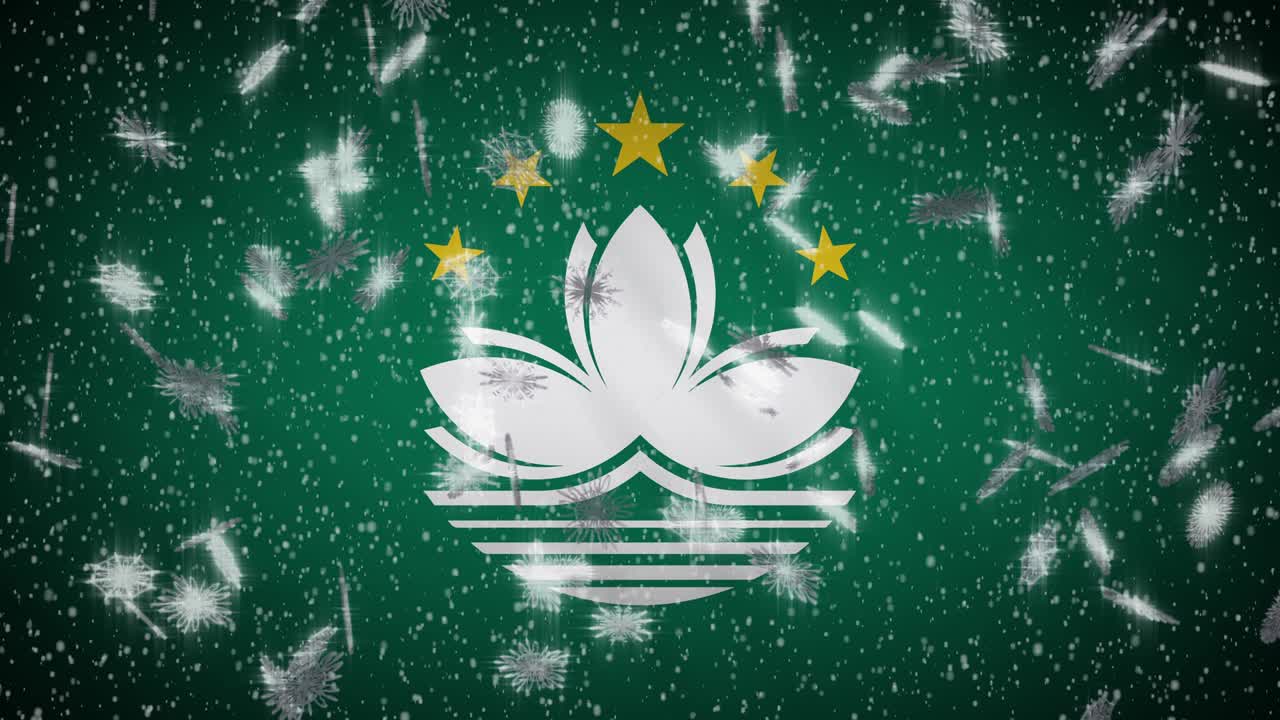 Macau flag falling snow loopable, New Year and Christmas background, loop