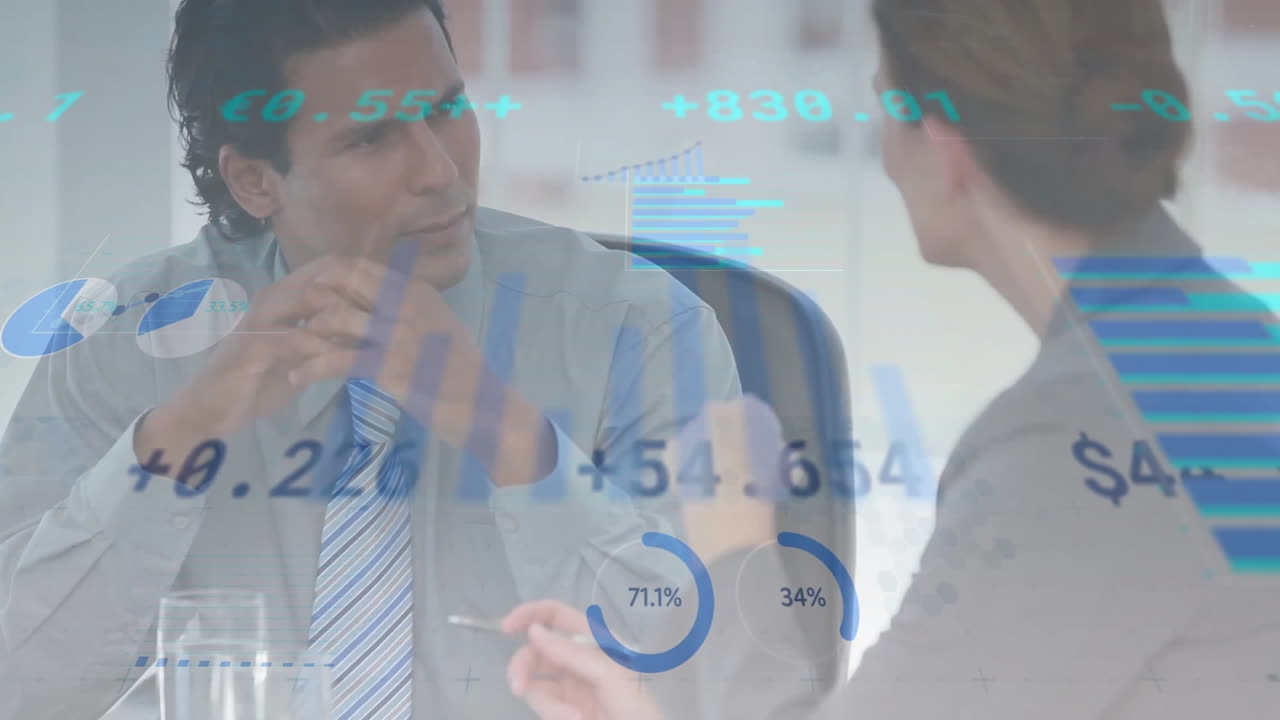 Animation of data processing over diverse colleagues talking in office