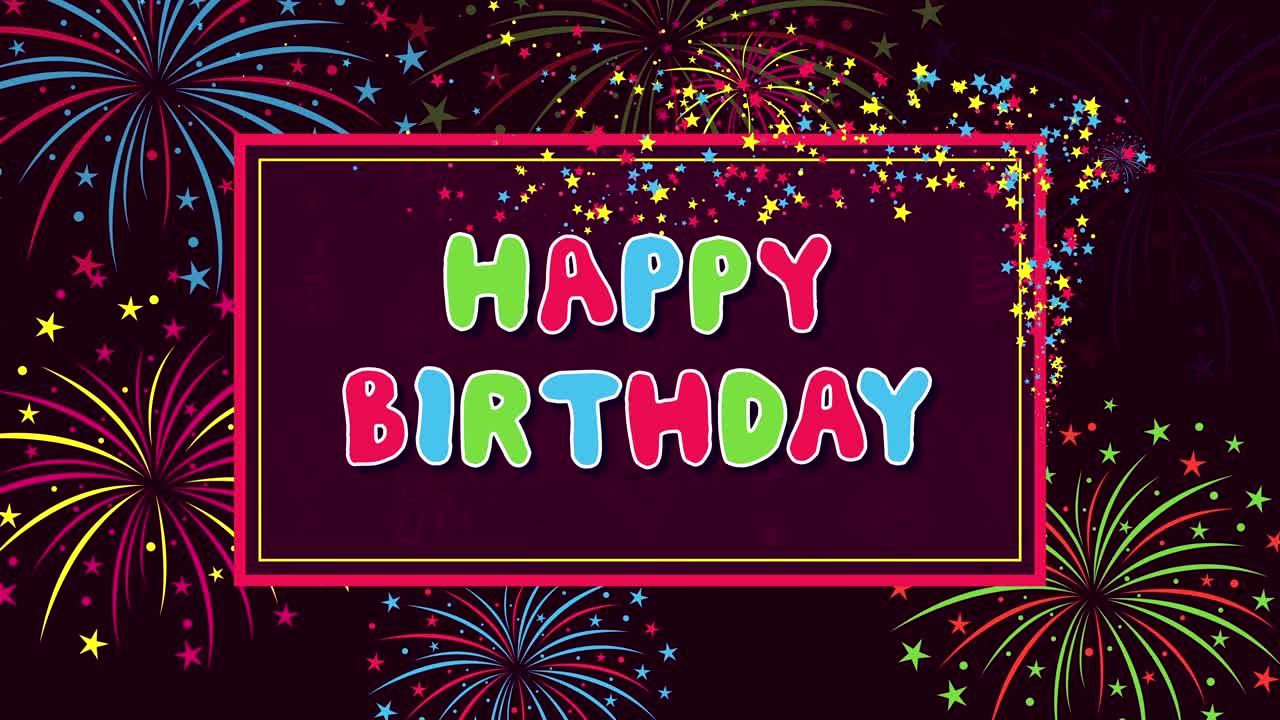 feliz cumpleaños con fuegos artificiales y estrellas