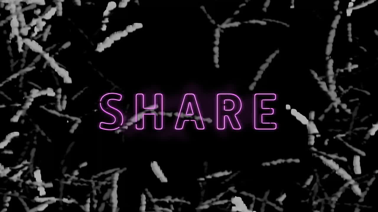 Digital animation of neon purple share text banner against abstract shapes on black background