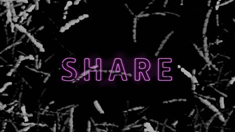 digital animation of neon purple share text banner against abstract shapes on black background