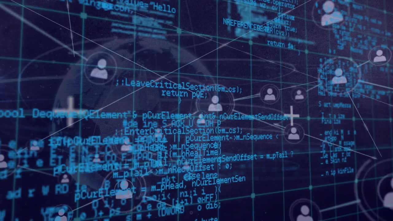 Animation of networks of connections and data processing over globe on black background