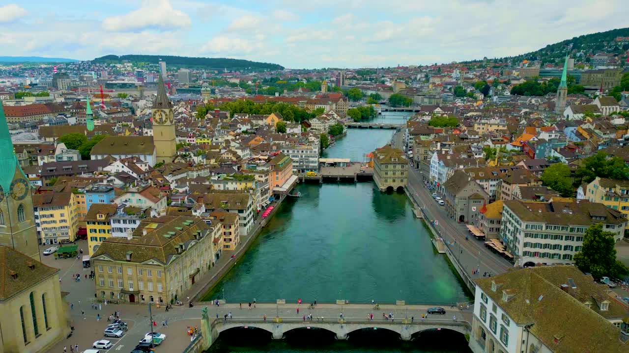 4K Drone Video of the Rathausbrücke Bridge over the Limmat River in Downtown Zurich, Switzerland