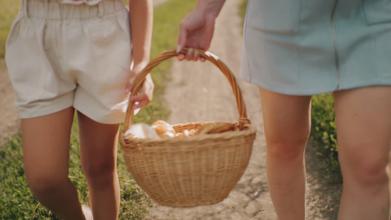 dos mujeres en pantalones cortos y traje de picnic sosteniendo una canasta de bocadillos mientras caminan por un camino de tierra rodeado de exuberante vegetación bajo la luz del sol brillante, disfrutando de un tranquilo paseo al aire libre y aire fresco