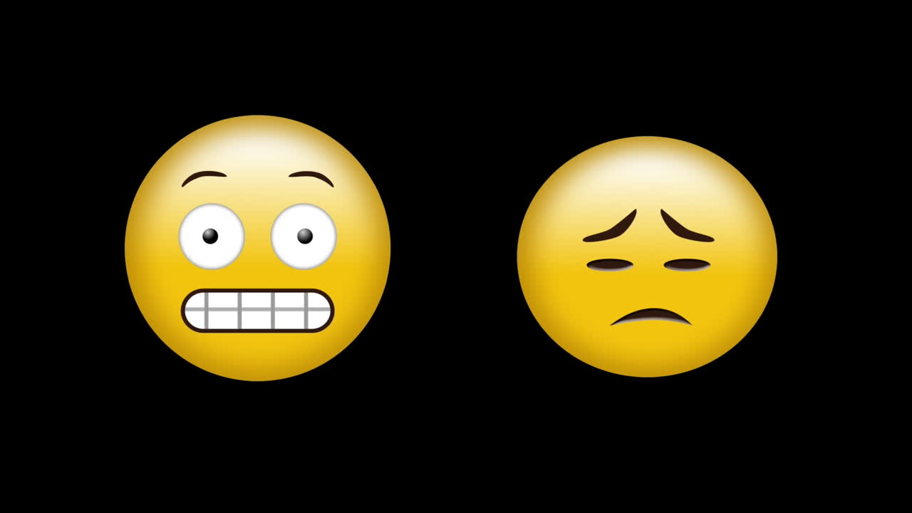 animación de iconos de emoticones emoji enojados y tristes sobre un fondo negro