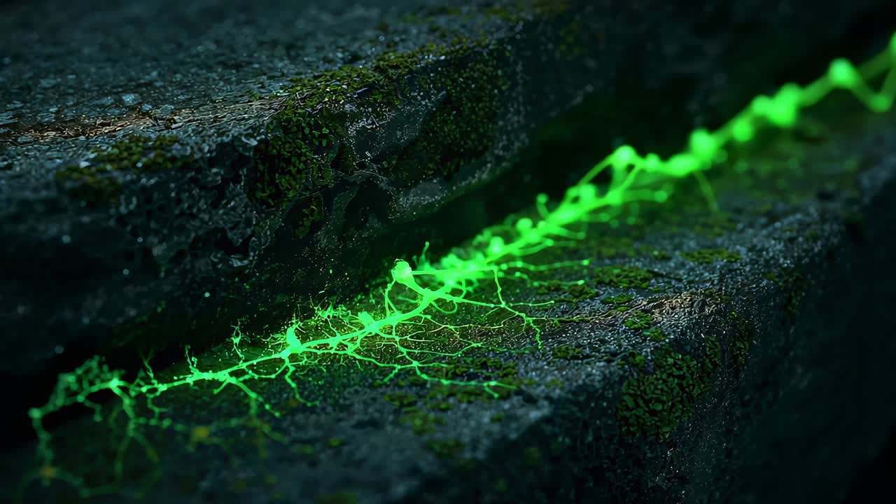 Brightening neon-green filament propagating along mossy stone groove, pulsing, forming bead nodes