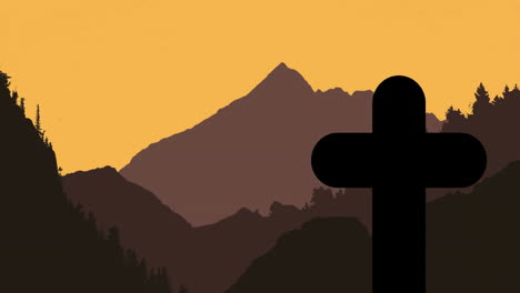 cross silhouette with mountain landscape and orange sunset sky in animation style