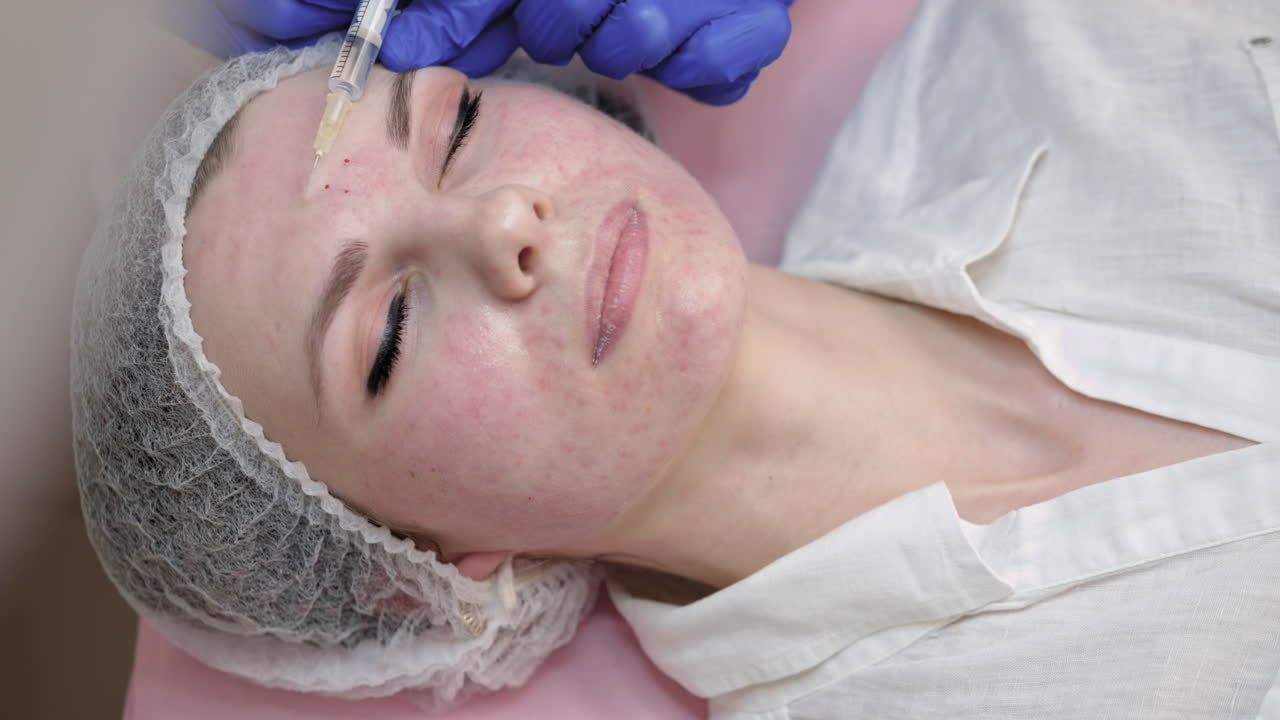 Primo piano di iniezioni di Botox, mesoterapia, terapia con botulino, biorivitalizzazione o lifting al plasma della pelle del viso